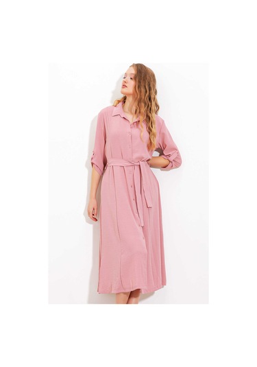 Gabria Ön Düğmeli Elbise Pudra