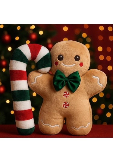 Sevimli Kurabiye Adam Peluş 40 Cm Ve Baston Şeker Yastık Peluş 45 Cm Yılbaşı Dekorasyon Çok Renkli