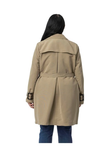 Büyük Beden Kruvaze Kolu Bant Detaylı Cepli Kuşaklı Astarlı Çağla Yeşili Trençkot Çağla Yeşili