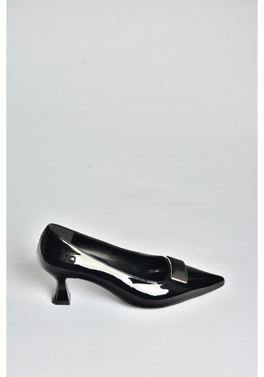 Fox Shoes V250521108 Siyah Rugan Kalın Topuklu Sivri Burun Kadın Ayakkabı Siyah-Rugan