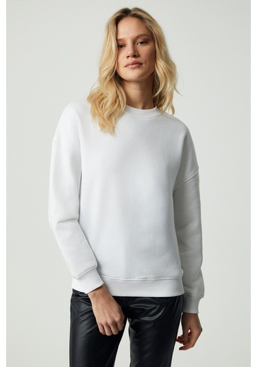 Vaneltına Kadın Içi Polarlı 3 Iplik Organik Pamuk Oversize Basic Bisiklet Yaka Beyaz Sweatshirt