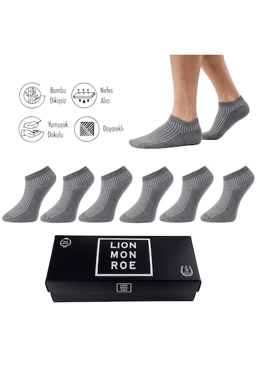 Lion Monroe Saf Bambu Erkek Patik Düz Kısa Gri Çorap Dikişsiz Premium Kutulu 6'lı L5952aznp Softaura