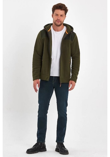 Rodi Jeans Erkek Ön Arka Garnili Fermuarlı Kapüşonlu Polar Haki