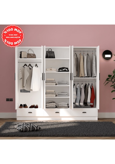İnci 6 Kapak 3 Çekmeceli Gardırop %100 Mdf