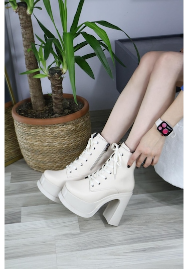 Asmi Shoes Kadın Lina Bağcık Detayı 12 Cm Platformlu Bot Krem Krem