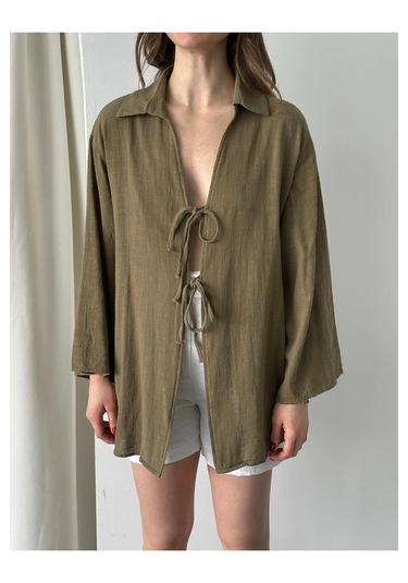 Olive %100 Keten Bağcık Detaylı Kimono Bluz - 5218 Yağ Yeşili