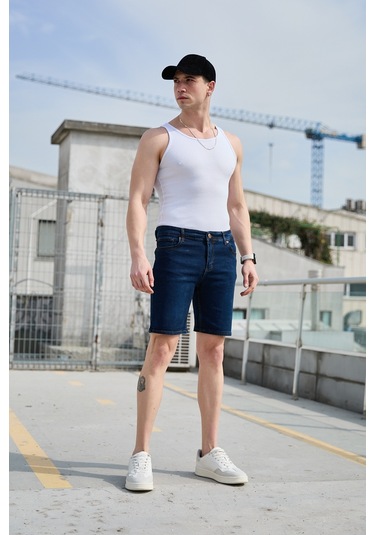 Lacivert Yıkamalı Erkek Kot Şort-1476 Lacivert