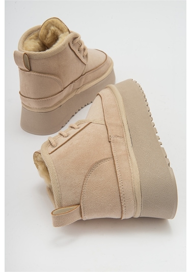 Luvishoes Ovela Bej Kalın Taban Bağcıklı Kadın Spor Bot Bej