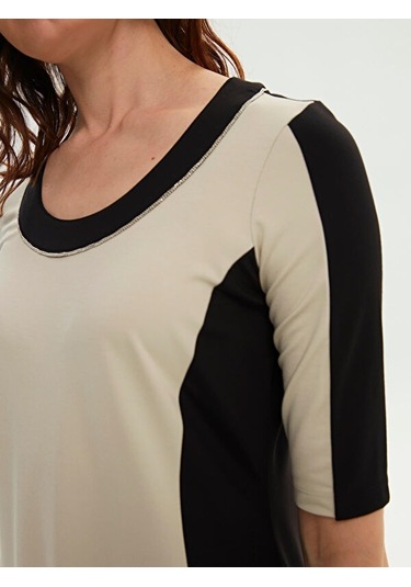 Renk Bloklu Zincir Nakış Detaylı Örme Elbise 66294 001