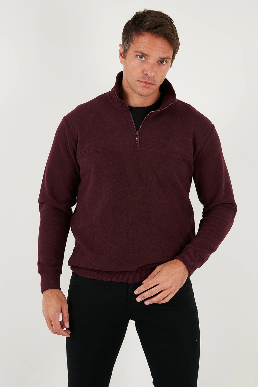 Buratti Pamuklu Regular Fit Yarım Fermuarlı Dik Yaka Erkek Kazak 456112 Mürdüm