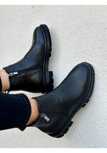 Muggo Chelsea Hakiki Deri Çift Fermuarlı Garantili Erkek Kışlık Bot 001