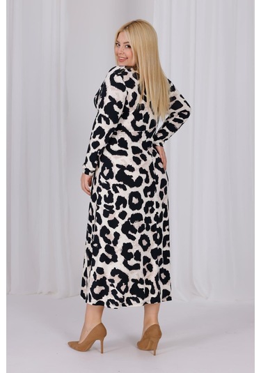 Kadın Vizon Siyah Leopar Desen Kruvaze Yaka Büyük Beden Esnek Maxi Elbise Vizon