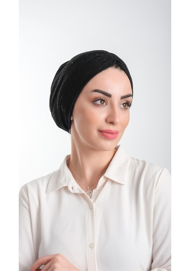 Siyah Pratik Hazır Geçmeli Tesettür Bone Fukuro Simli Büzgülü 211 Siyah