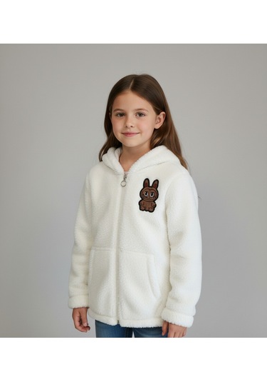 Labubu Nakışlı Pelüş Kapüşonlu Kız Çocuk Hırka Beyaz