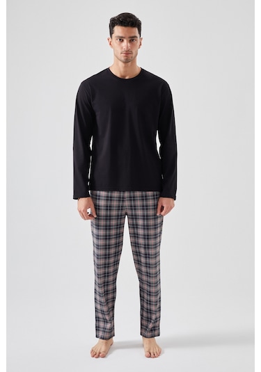 Erkek Pamuklu Uzun Kollu Yamalı Ekose Desenli Pijama Takımı Ko60104 Siyah - Kırmızı