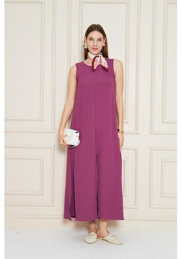 Kadın Sıfır Kol Aerobin Kumaş A Kesim Yırtmaçlı Maxi Yazlık Elbise 3760330 Mor