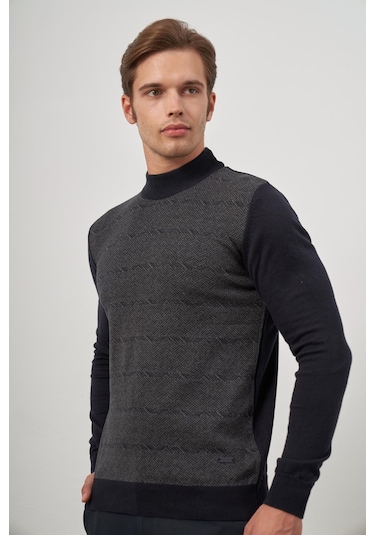 Koyu Lacivert Uzun Kol Kendinden Örme Yarım Balıkçı Yaka Classic Comfort Fit Triko 1012245152 Koyu Lacivert