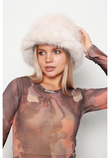 Kadın Kürklü Bucket Kalpak Şapka Rkş-15 Bej Bej