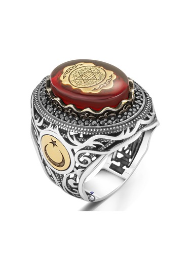 Kehribar Üzeri Hz. Süleyman Mühürlü Ay Yıldızlı Gümüş Erkek Yüzük