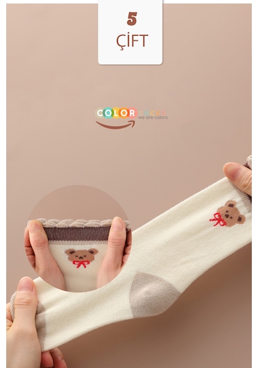 Color Socks 5 Çift Bear Desenli Kız Çocuk Çorap Seti Extra Soft Çok Renkli