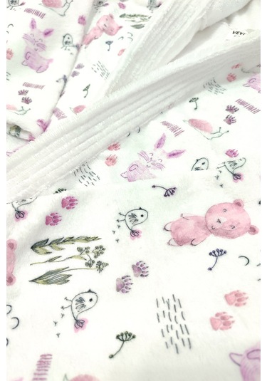 Happy Animals Dijital Baskılı Çocuk Bornozu Pembe - Beyaz