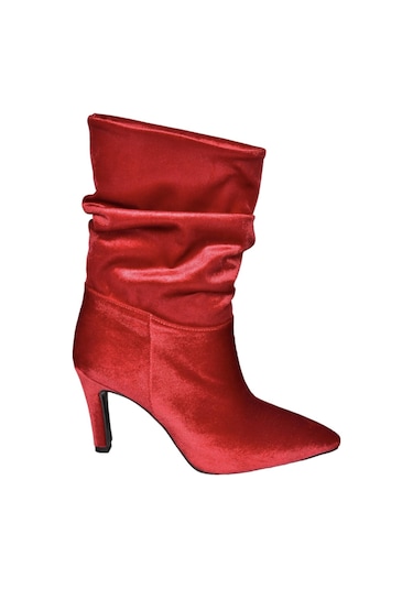 Fox Shoes R404020339 Bordo Kadife İnce Topuklu Büzgülü Kadın Bot Bordo