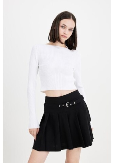 Defacto Yüksek Bel Basic Düz Kemerli Pileli Siyah Mini Etek D4470AX24AUBK27 Siyah