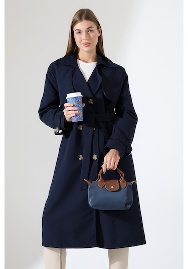 Amazon Keten Kumaş Diz Altı Yumuşak Dokulu Düğmeli Astarlı Trenç Kot Lacivert Lacivert