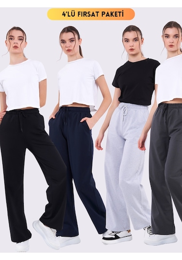 Siyah-lacivert-antrasit-gri Mevsimlik Salaş Geniş Rahat Paça Yandan Cepli Kadın 4'lü Eşofman Altı Cmreb67-4 001