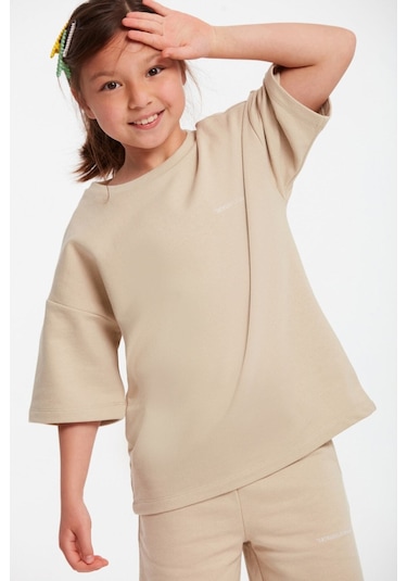 Calı Kız Çocuk Bisiklet Yaka Bej Eşofman Takımı