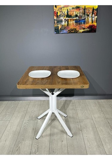 Tepe Ceviz Beyaz Mutfak Yemek Masası Balkon Masası Kavisli Köşe Beyaz Ayak 70 Cm