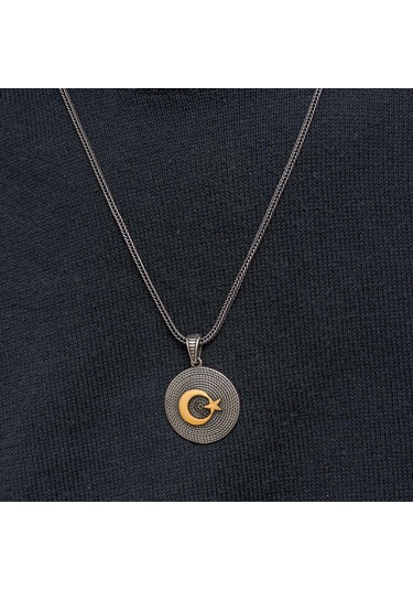 Gümüş Ay Yıldızlı Erkek Kolye Çok Renkli