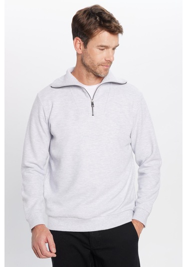 Unisex Relax Fit Rahat Kesim Fitilli Desenli Pamuklu Yarım Fermuarlı Gri Dik Yaka Sweatshirt-31991 Gri