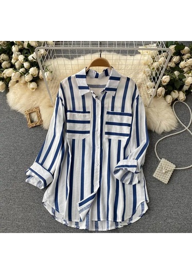 Yaz Yeni Orta Uzunlukta Dikey Çizgili Çok Renkli Gömlek Ceket Kadın Kore Tarzı Rahat Gevşek Üstler Mavi