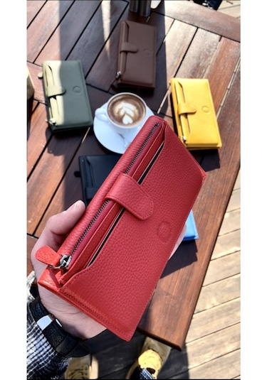 Kırmızı Peony Hakiki Deri Telefon Cüzdanı Kırmızı