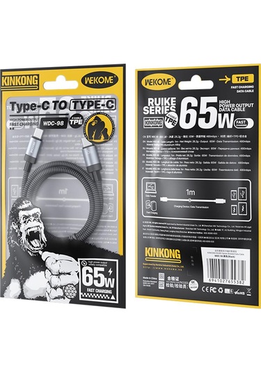 Wk Wdc-98 Kingkong Ruike Serisi 65w Usb-c / Tip-c Usb-c / Tip-c Örgülü Şarj Veri Kablosu, Uzunluk: 1m Siyah