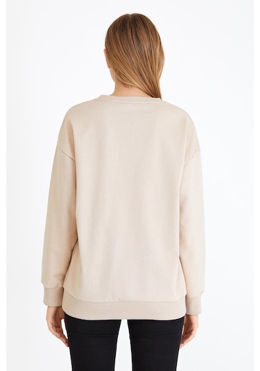Comeor Kadın Bej Basic Bisiklet Yaka Regular Fit Rahat Sweatshirt 001