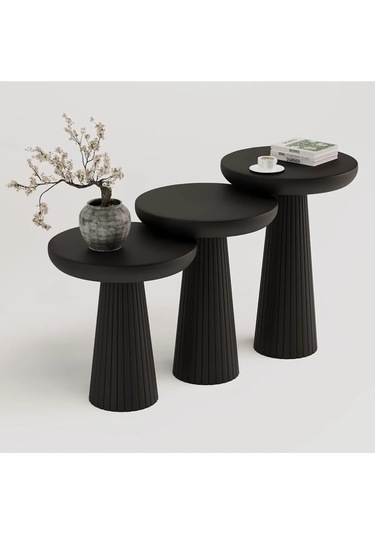 3 Lü Siyah Set Kalın Fitilli Mantar Yan Sehpa Modern