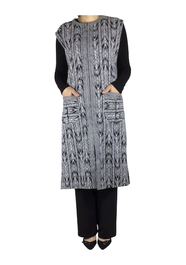 Önü Fermuarlı Desenli Cepli Kalın Kışlık Yelek Gri