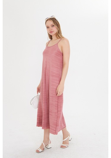 Gülkurusu Kadın Askılı Piliseli Elbise Gül Kurusu