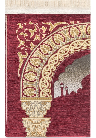Taç Mahal Desenli Şönil Seccade Bordo