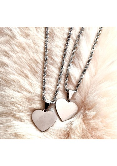 Gns Aksesuar Kalın Burgu Halat Zincir Kalp Detaylı Sevgili Kolye Seti Gümüş