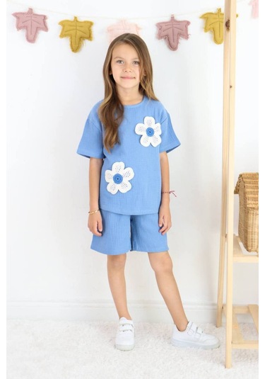 Örme Nakışlı Müslin Şort Takım Mavi