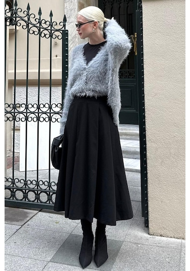 Siyah Pileli Cepli Kadın Midi Boy Etek Mg2536 Siyah