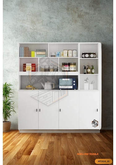 Tamamı Mdf Çok Amaçlı 4 Kapaklı Açık Raflı Kiler Dolabı Mutfak