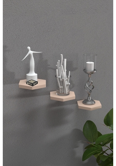 Duvar Rafı Dekoratif 3 Adet Çiçeklik Altıgen Krem