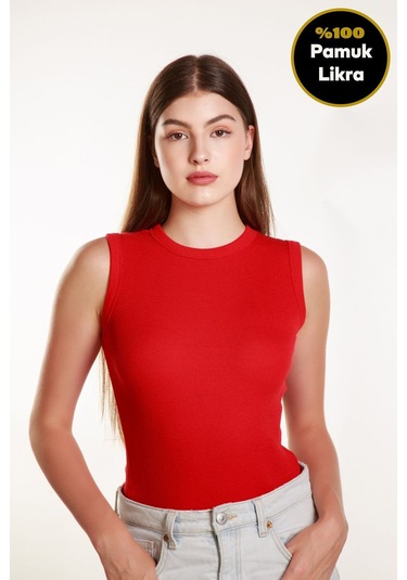 Kadın Kırmızı Fitilli Likralı Sıfır Kol Bisiklet Yaka Örme Atlet Tshirt Bluz Kırmızı