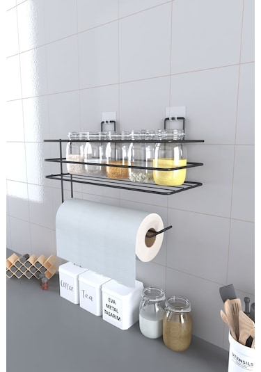 Eva Metal Tasarim Yapışkanlı Raflı Kağıt Rulo Havluluk Peçetelik Havlu Kağıltlık Siyah Banyo Mutfak Düzenleyici Raf