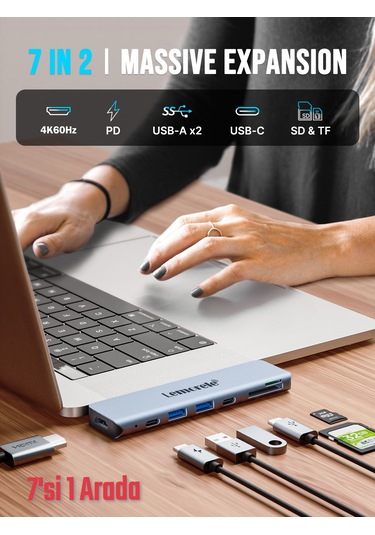 Lemorele 7'in 2'si Type-c Pd 100w+hdmı 4k+usb+sd/tf Kart Çoklayıc