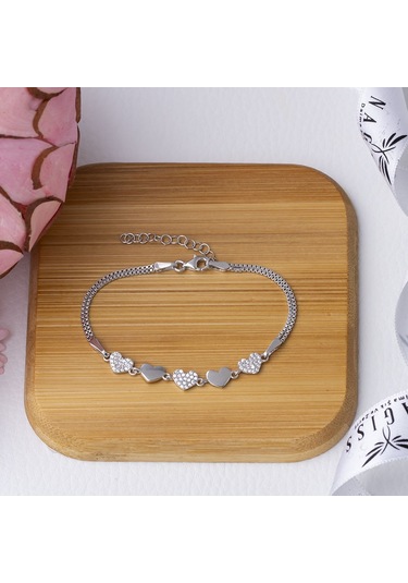 5'li Kalp Model 925 Ayar Gümüş Zirkon Taşlı Kadın Bileklik Gümüş